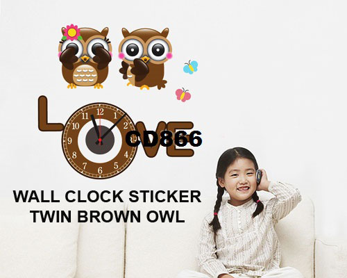 Cd866 twin brown owl Jam Wallsticker lucu dan unik 